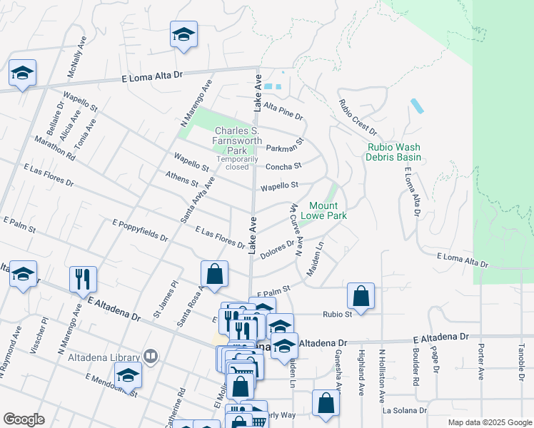 map of restaurants, bars, coffee shops, grocery stores, and more near 930 Athens Street in Altadena