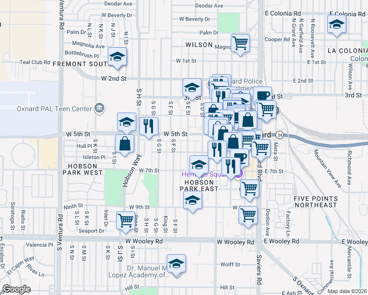 map of restaurants, bars, coffee shops, grocery stores, and more near in Oxnard