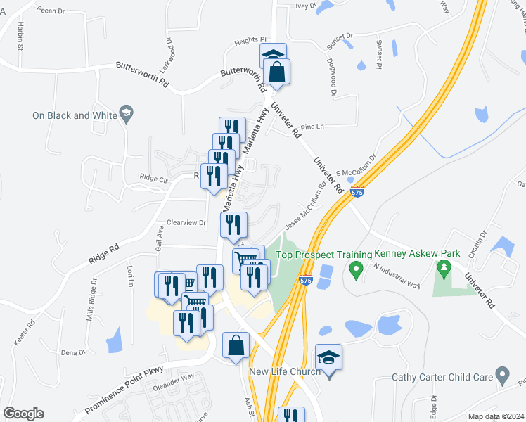 map of restaurants, bars, coffee shops, grocery stores, and more near 306 Cottonwood Creek Circle in Canton