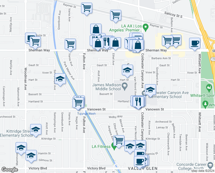 map of restaurants, bars, coffee shops, grocery stores, and more near 13131 Crewe Street in Los Angeles
