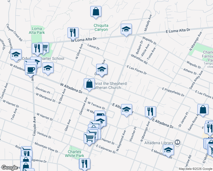 map of restaurants, bars, coffee shops, grocery stores, and more near 60 West Palm Street in Altadena