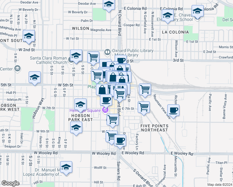 map of restaurants, bars, coffee shops, grocery stores, and more near 545 South Oxnard Boulevard in Oxnard