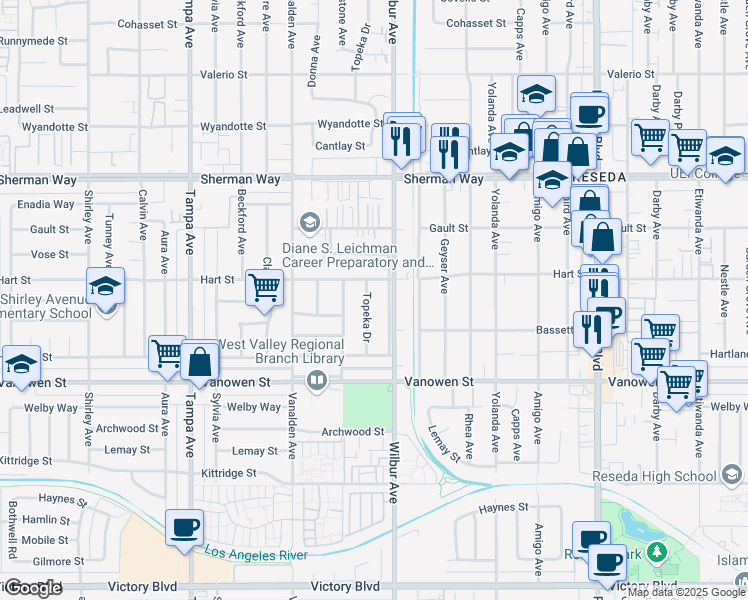 map of restaurants, bars, coffee shops, grocery stores, and more near 6938 Topeka Drive in Los Angeles