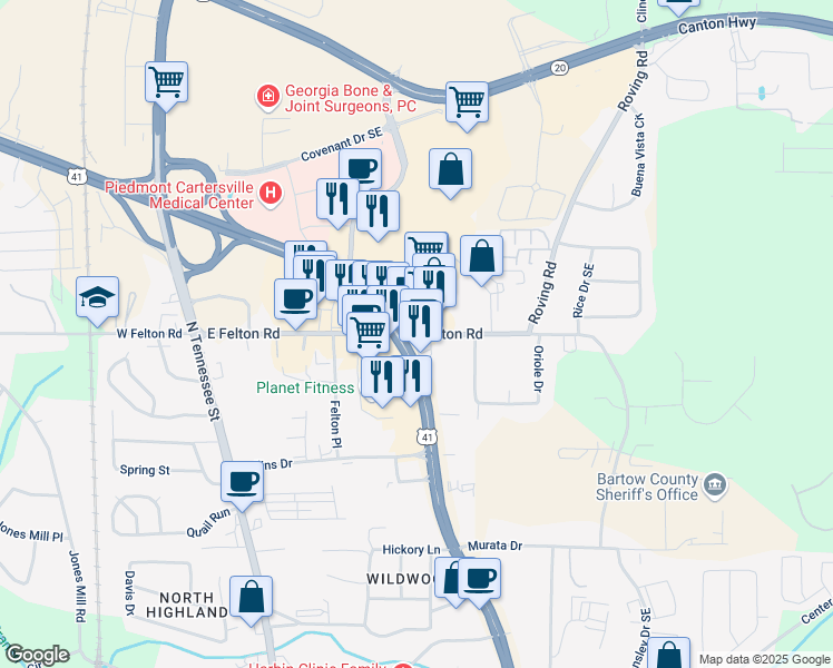 map of restaurants, bars, coffee shops, grocery stores, and more near East Felton Road in Cartersville