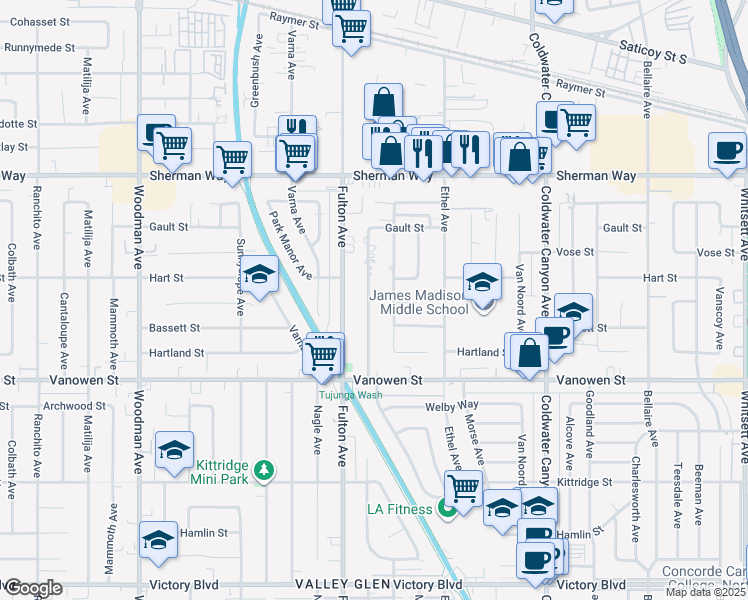 map of restaurants, bars, coffee shops, grocery stores, and more near 6941 Atoll Avenue in Los Angeles