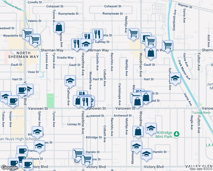 map of restaurants, bars, coffee shops, grocery stores, and more near 6936 Colbath Avenue in Los Angeles