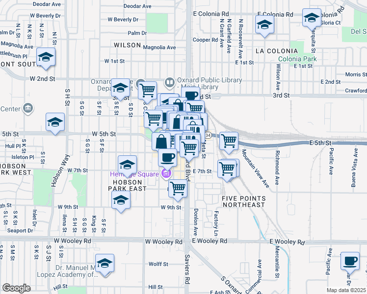 map of restaurants, bars, coffee shops, grocery stores, and more near 545 South Oxnard Boulevard in Oxnard