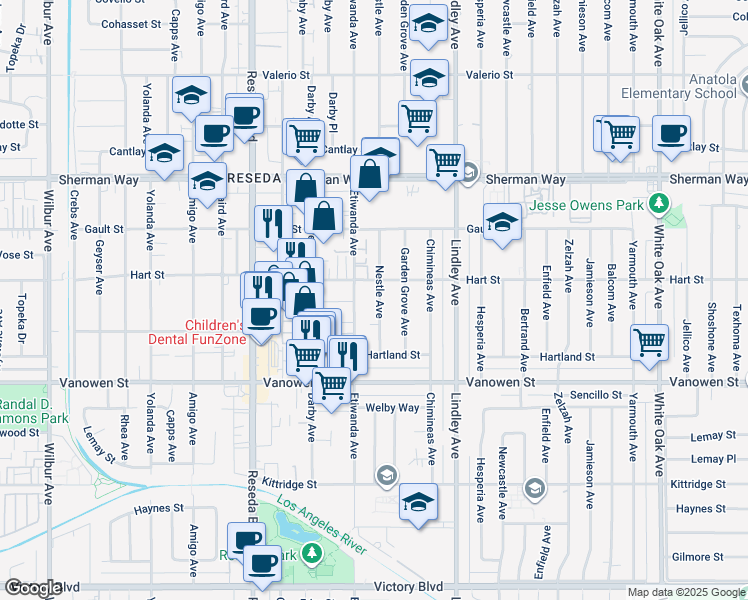 map of restaurants, bars, coffee shops, grocery stores, and more near 6941 Nestle Avenue in Los Angeles