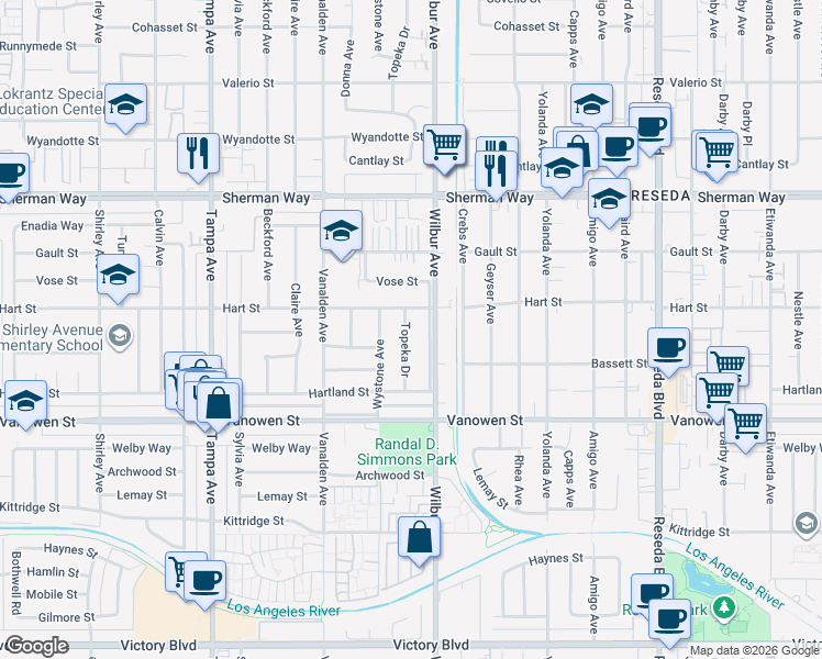 map of restaurants, bars, coffee shops, grocery stores, and more near 6938 Topeka Drive in Los Angeles