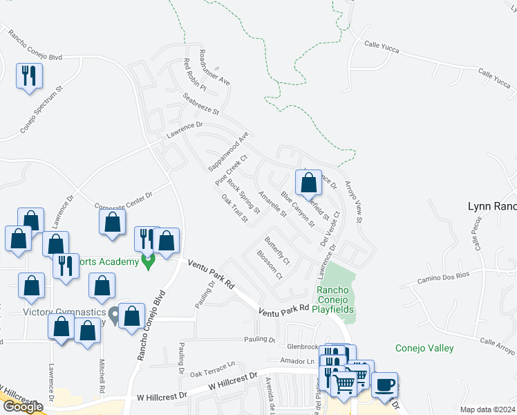 map of restaurants, bars, coffee shops, grocery stores, and more near 1789 Rock Spring Street in Thousand Oaks