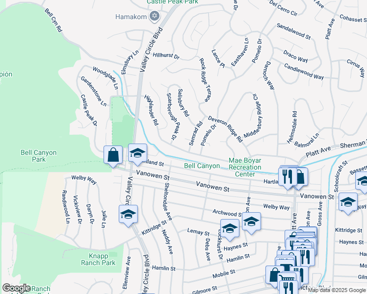 map of restaurants, bars, coffee shops, grocery stores, and more near 24215 Highlander Road in Los Angeles