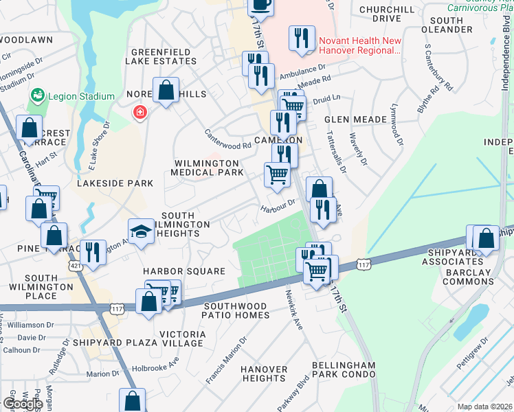 map of restaurants, bars, coffee shops, grocery stores, and more near 1427 Buckingham Avenue in Wilmington
