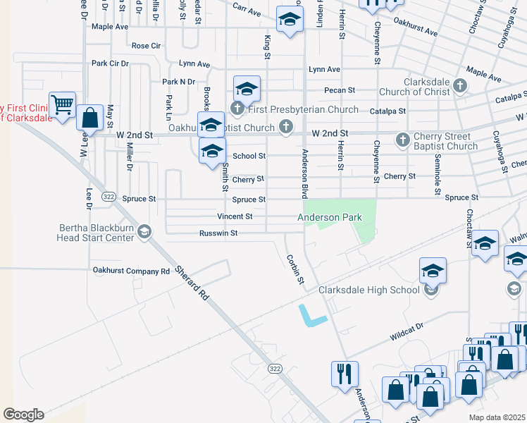 map of restaurants, bars, coffee shops, grocery stores, and more near 846 Spruce Street in Clarksdale