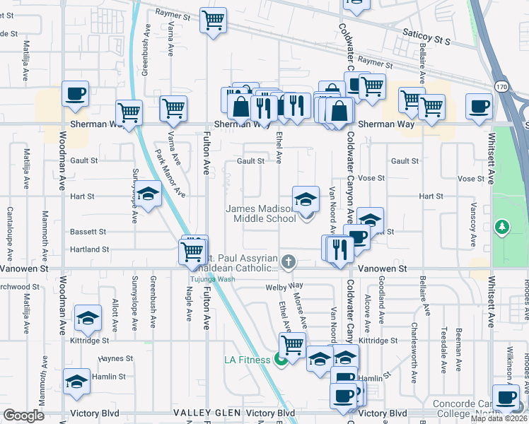 map of restaurants, bars, coffee shops, grocery stores, and more near 13131 Crewe Street in Los Angeles