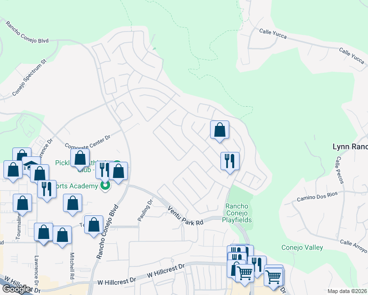 map of restaurants, bars, coffee shops, grocery stores, and more near 1789 Rock Spring Street in Thousand Oaks