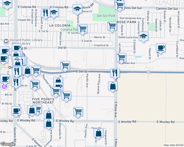 map of restaurants, bars, coffee shops, grocery stores, and more near 1432 East 5th Street in Oxnard