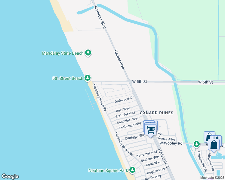 map of restaurants, bars, coffee shops, grocery stores, and more near 5540 West 5th Street in Oxnard