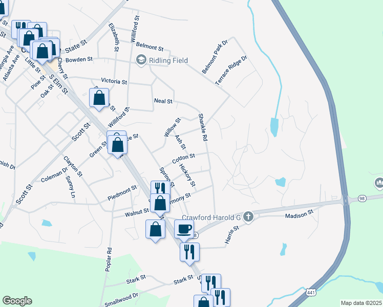 map of restaurants, bars, coffee shops, grocery stores, and more near 161 Cotton Street in Commerce