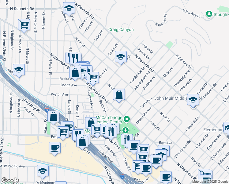 map of restaurants, bars, coffee shops, grocery stores, and more near 440 Dartmouth Road in Burbank