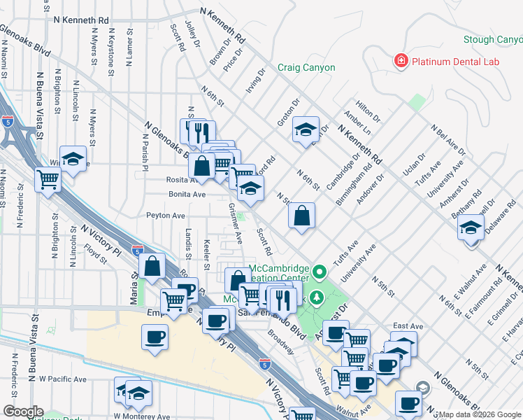 map of restaurants, bars, coffee shops, grocery stores, and more near 407 Eton Drive in Burbank