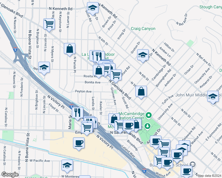map of restaurants, bars, coffee shops, grocery stores, and more near 2025 North Glenoaks Boulevard in Burbank