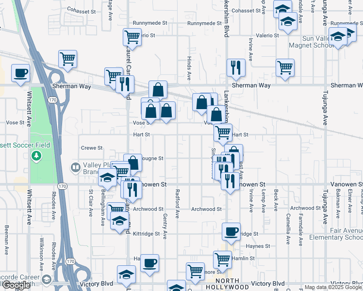 map of restaurants, bars, coffee shops, grocery stores, and more near 6938 Radford Avenue in Los Angeles