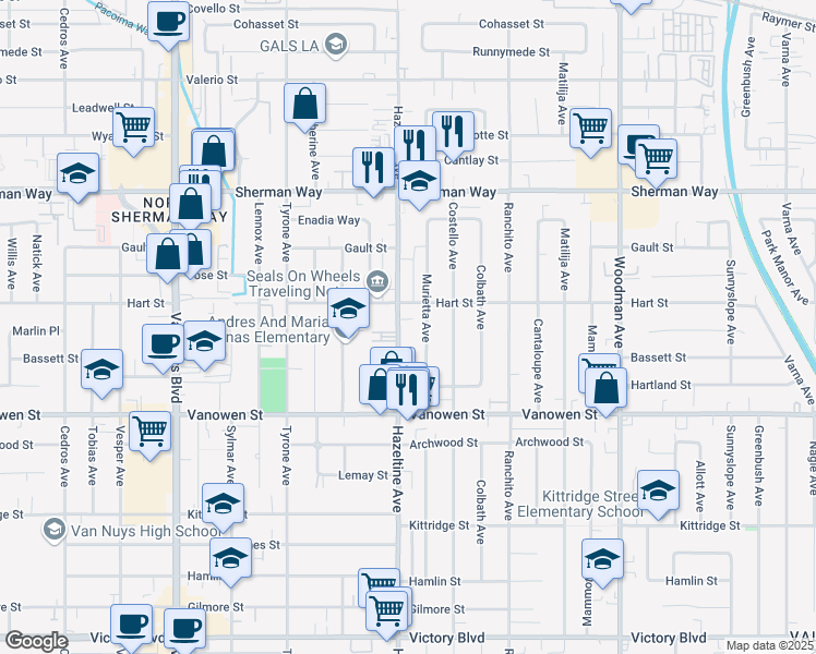 map of restaurants, bars, coffee shops, grocery stores, and more near 6939 Hazeltine Avenue in Los Angeles