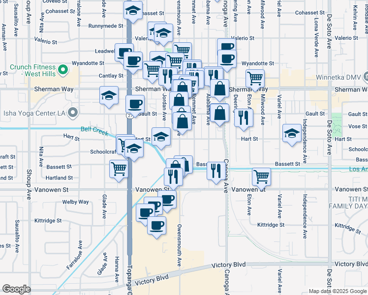 map of restaurants, bars, coffee shops, grocery stores, and more near 6947 Remmet Avenue in Los Angeles