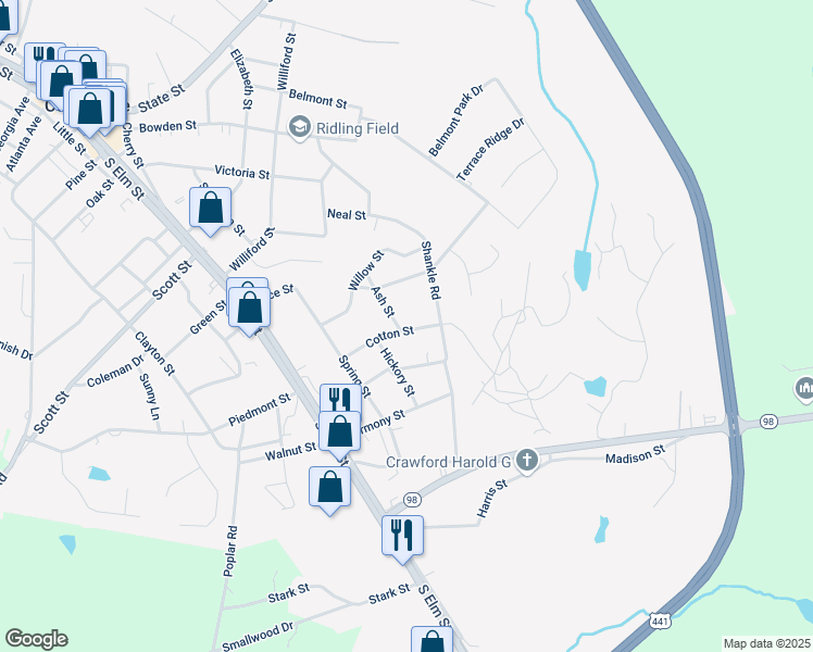 map of restaurants, bars, coffee shops, grocery stores, and more near 161 Cotton Street in Commerce