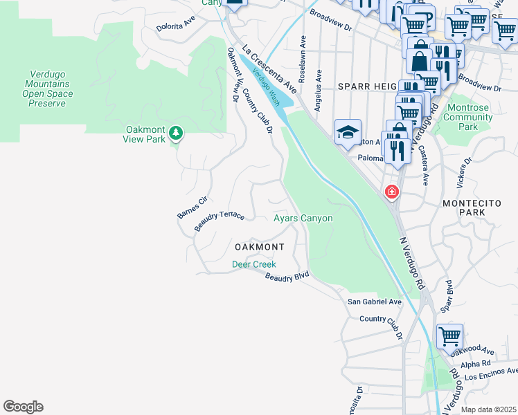 map of restaurants, bars, coffee shops, grocery stores, and more near 3290 Beaudry Terrace in Glendale