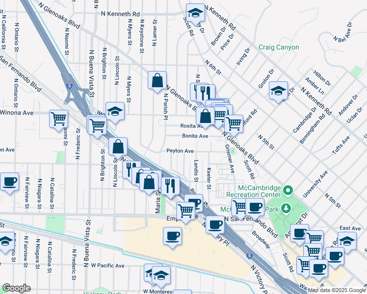 map of restaurants, bars, coffee shops, grocery stores, and more near 2021 Peyton Avenue in Burbank