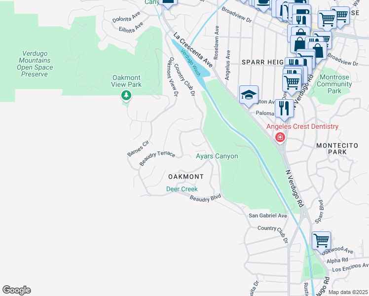 map of restaurants, bars, coffee shops, grocery stores, and more near 3290 Beaudry Terrace in Glendale