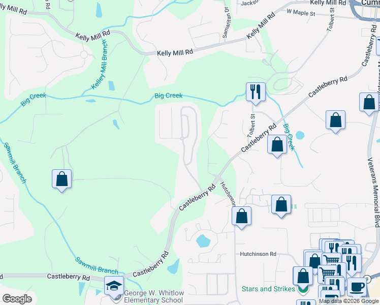 map of restaurants, bars, coffee shops, grocery stores, and more near 3329 Castleberry Village Circle in Cumming