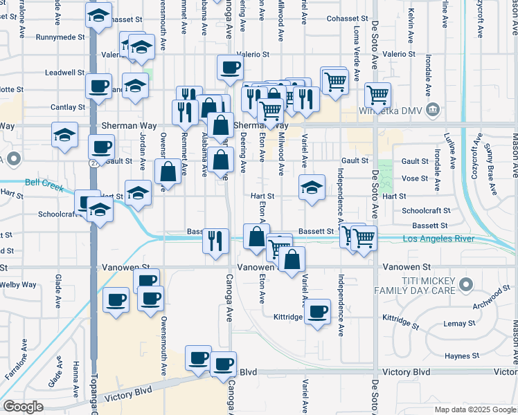 map of restaurants, bars, coffee shops, grocery stores, and more near 21318 Hart Street in Los Angeles