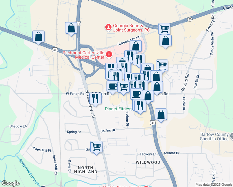 map of restaurants, bars, coffee shops, grocery stores, and more near 159 East Felton Road in Cartersville