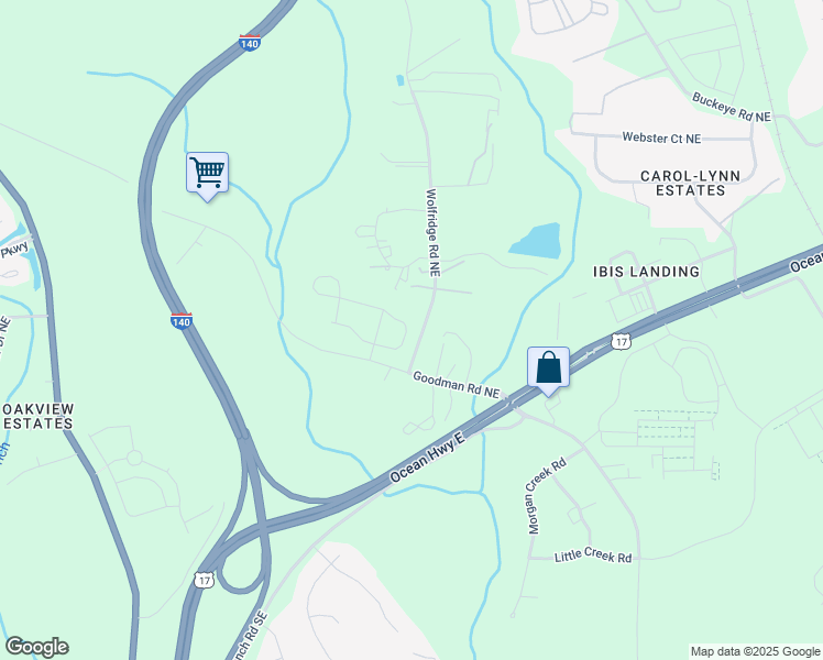 map of restaurants, bars, coffee shops, grocery stores, and more near 109 Wolfridge Road Northeast in Leland