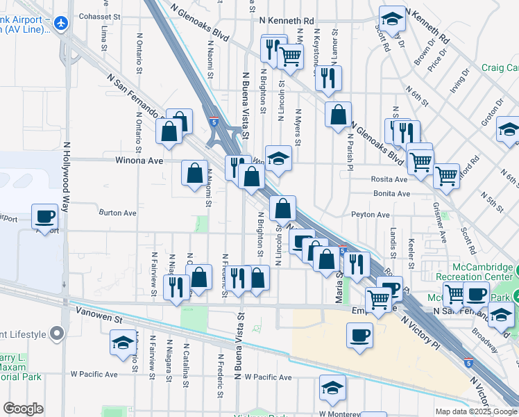 map of restaurants, bars, coffee shops, grocery stores, and more near 2319 North San Fernando Boulevard in Burbank