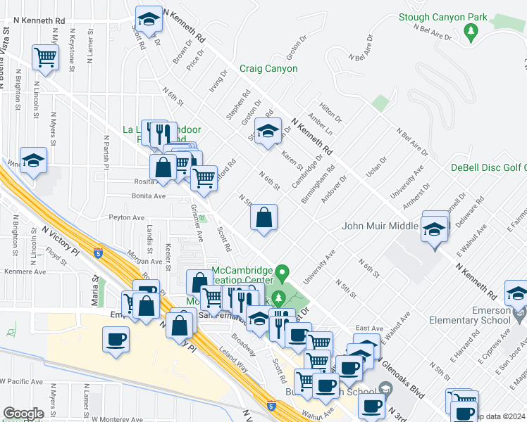 map of restaurants, bars, coffee shops, grocery stores, and more near 505 Cambridge Drive in Burbank