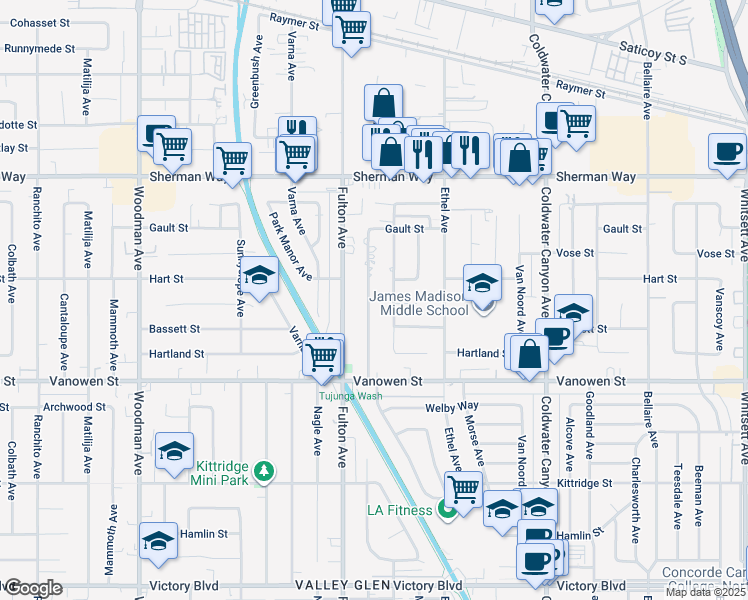 map of restaurants, bars, coffee shops, grocery stores, and more near 6940 Longridge Avenue in Los Angeles