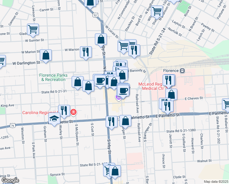 map of restaurants, bars, coffee shops, grocery stores, and more near 138 West Evans Street in Florence