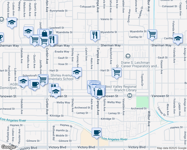 map of restaurants, bars, coffee shops, grocery stores, and more near 6938 Aura Avenue in Los Angeles
