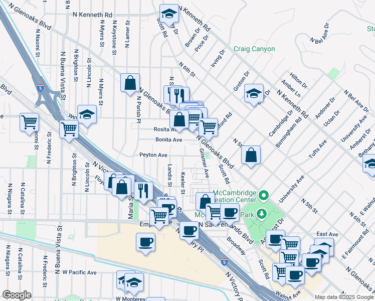 map of restaurants, bars, coffee shops, grocery stores, and more near 1737 Peyton Avenue in Burbank