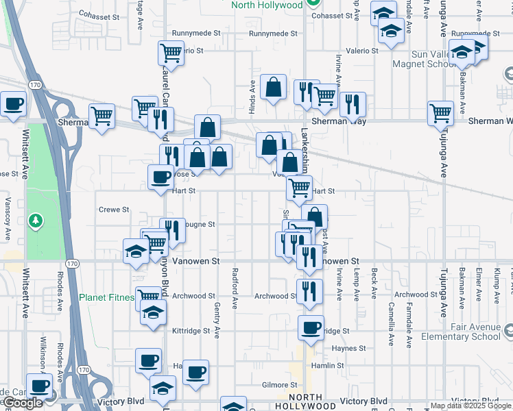 map of restaurants, bars, coffee shops, grocery stores, and more near 6934 Hinds Avenue in Los Angeles
