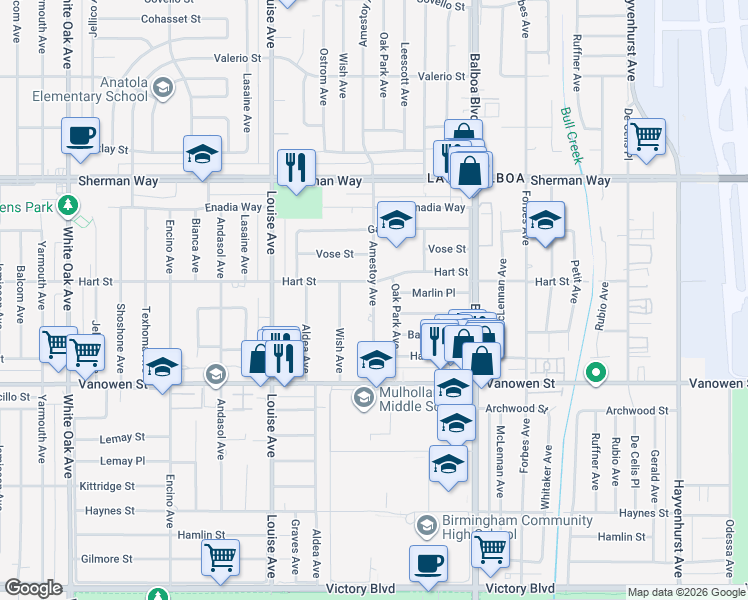 map of restaurants, bars, coffee shops, grocery stores, and more near 6945 Amestoy Avenue in Los Angeles