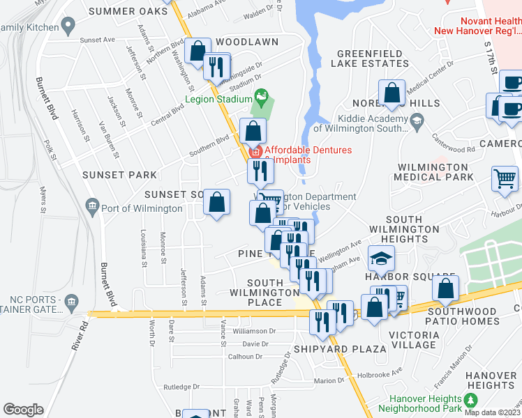 map of restaurants, bars, coffee shops, grocery stores, and more near 2348 Carolina Beach Road in Wilmington