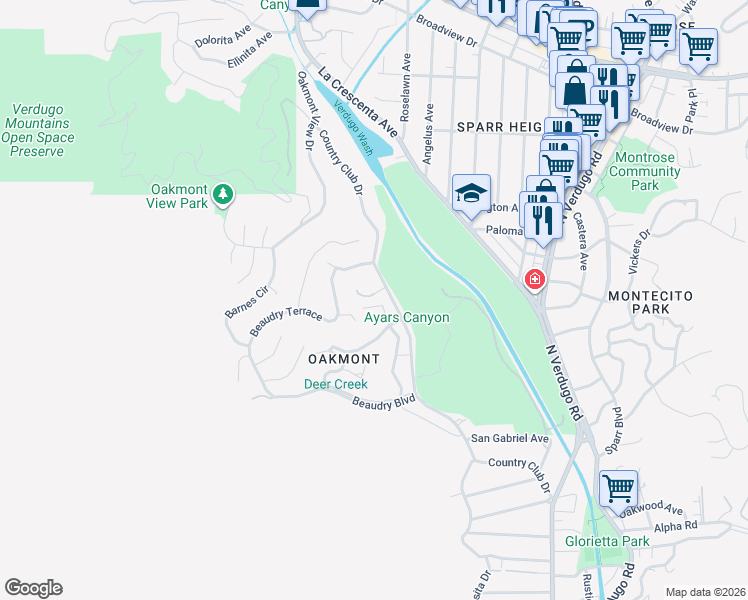 map of restaurants, bars, coffee shops, grocery stores, and more near 3221 Country Club Drive in Glendale