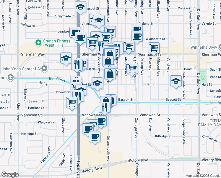 map of restaurants, bars, coffee shops, grocery stores, and more near 6940 Owensmouth Avenue in Los Angeles