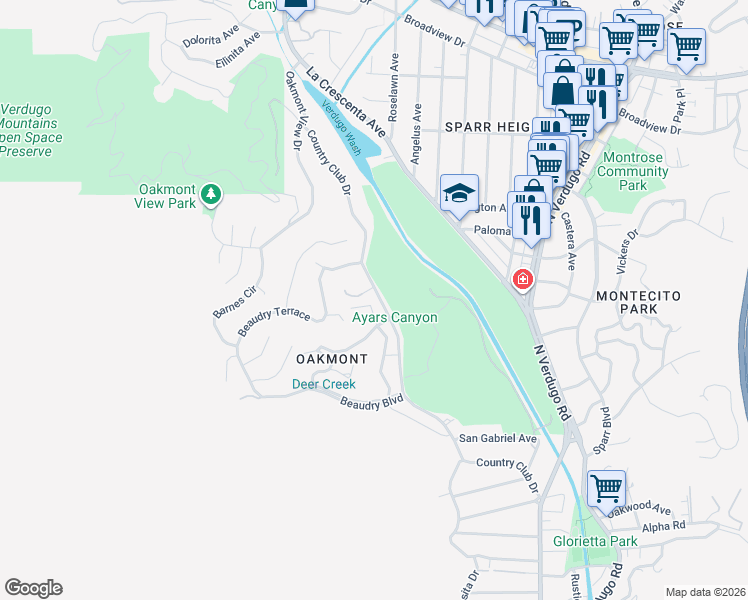 map of restaurants, bars, coffee shops, grocery stores, and more near 3221 Country Club Drive in Glendale