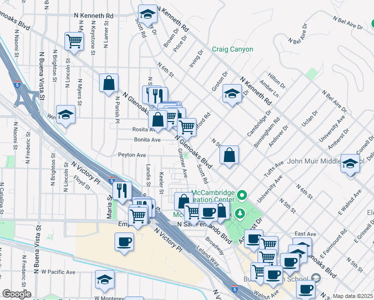 map of restaurants, bars, coffee shops, grocery stores, and more near 2005 North Glenoaks Boulevard in Burbank