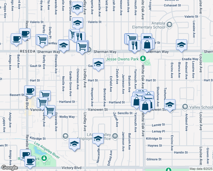 map of restaurants, bars, coffee shops, grocery stores, and more near 6946 Bertrand Avenue in Los Angeles